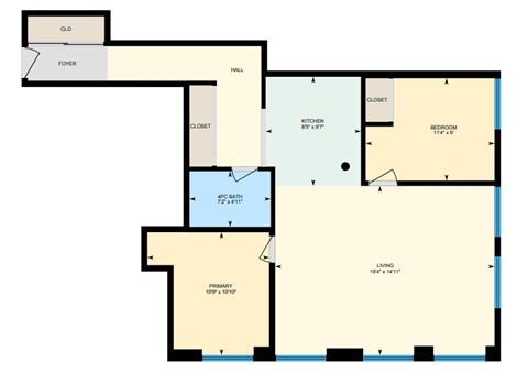 Floor plan for 2 beds, 1 bath, 1038 sqft